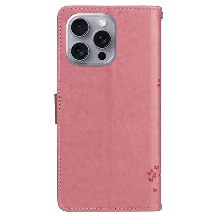 KT Imprinting Flower Series-3 For iPhone 16 Pro Max Case Protective PU Leather Phone Cover Cat Tree Pattern