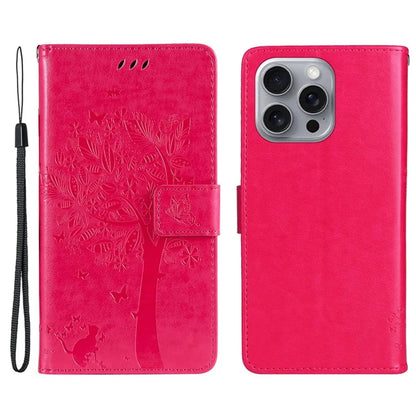 KT Imprinting Flower Series-3 For iPhone 16 Pro Max Case Protective PU Leather Phone Cover Cat Tree Pattern