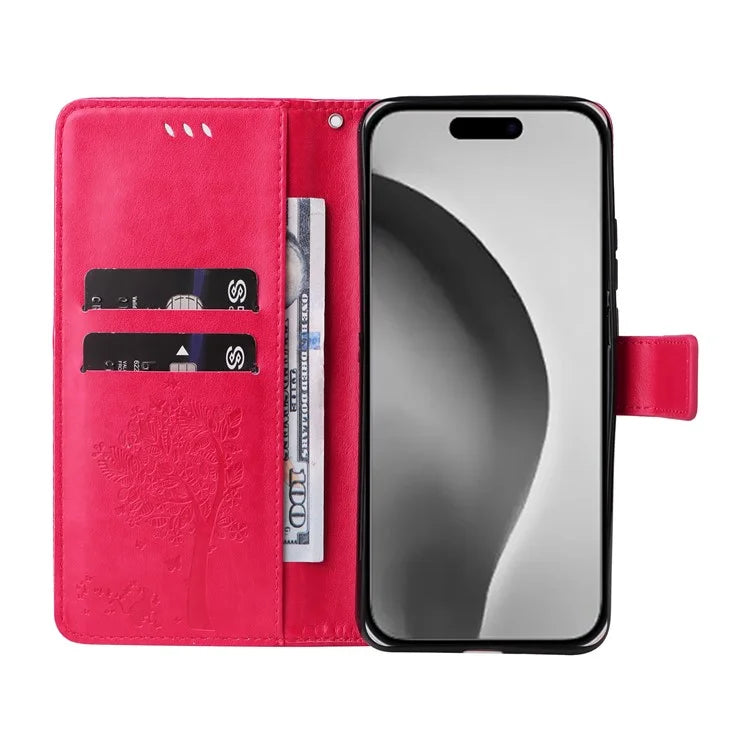KT Imprinting Flower Series-3 For iPhone 16 Pro Max Case Protective PU Leather Phone Cover Cat Tree Pattern