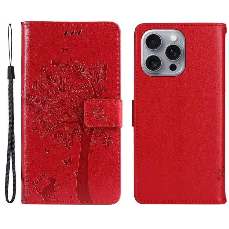 KT Imprinting Flower Series-3 For iPhone 16 Pro Max Case Protective PU Leather Phone Cover Cat Tree Pattern