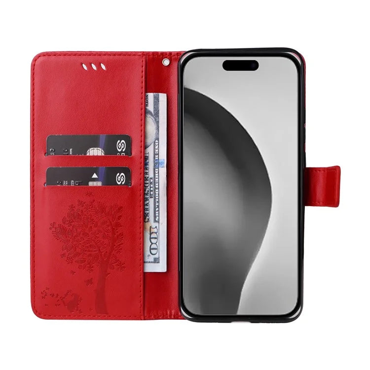 KT Imprinting Flower Series-3 For iPhone 16 Pro Max Case Protective PU Leather Phone Cover Cat Tree Pattern
