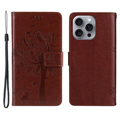 KT Imprinting Flower Series-3 For iPhone 16 Pro Max Case Protective PU Leather Phone Cover Cat Tree Pattern