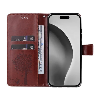 KT Imprinting Flower Series-3 For iPhone 16 Pro Max Case Protective PU Leather Phone Cover Cat Tree Pattern