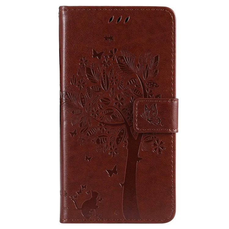 KT Imprinting Flower Series-3 For iPhone 16 Pro Max Case Protective PU Leather Phone Cover Cat Tree Pattern