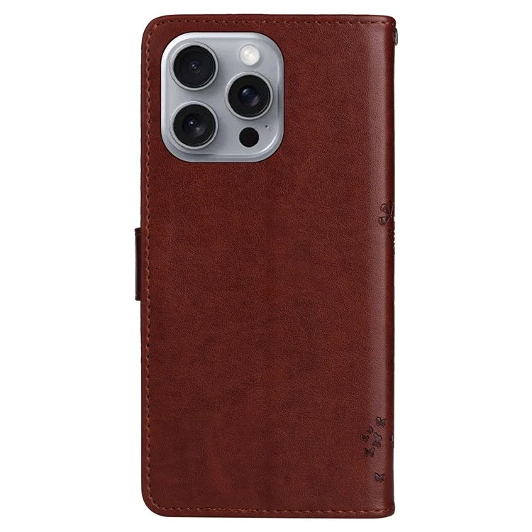 KT Imprinting Flower Series-3 For iPhone 16 Pro Max Case Protective PU Leather Phone Cover Cat Tree Pattern