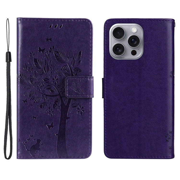 KT Imprinting Flower Series-3 For iPhone 16 Pro Max Case Protective PU Leather Phone Cover Cat Tree Pattern