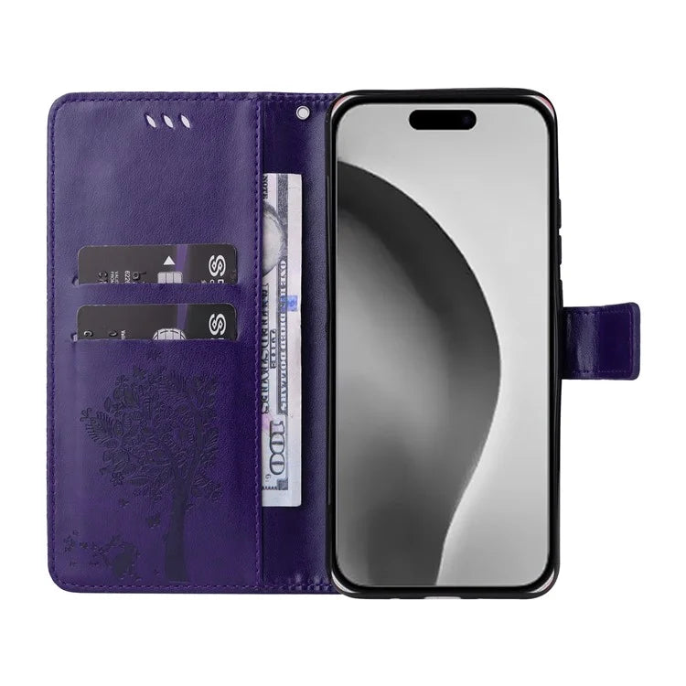 KT Imprinting Flower Series-3 For iPhone 16 Pro Max Case Protective PU Leather Phone Cover Cat Tree Pattern