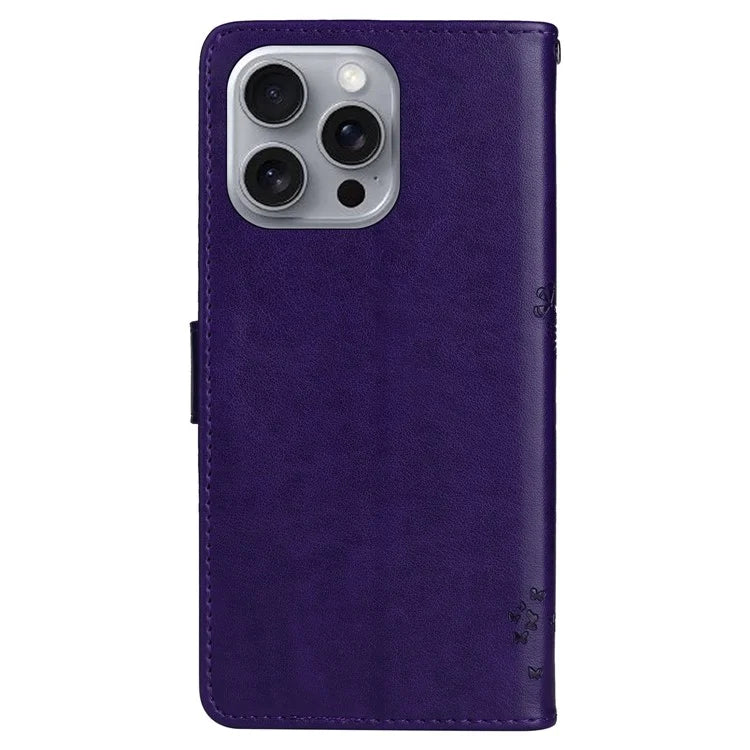 KT Imprinting Flower Series-3 For iPhone 16 Pro Max Case Protective PU Leather Phone Cover Cat Tree Pattern