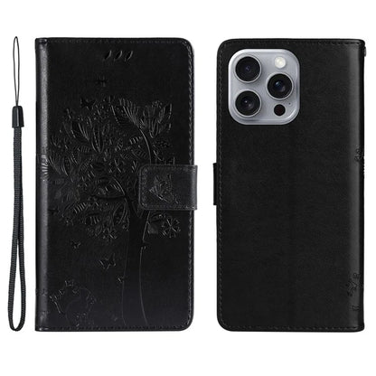 KT Imprinting Flower Series-3 For iPhone 16 Pro Max Case Protective PU Leather Phone Cover Cat Tree Pattern