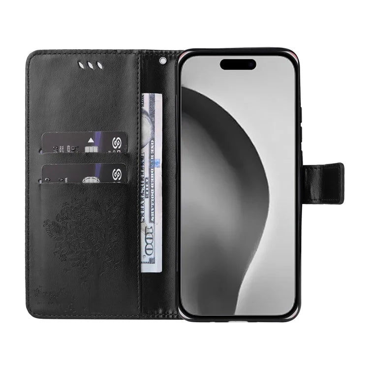 KT Imprinting Flower Series-3 For iPhone 16 Pro Max Case Protective PU Leather Phone Cover Cat Tree Pattern