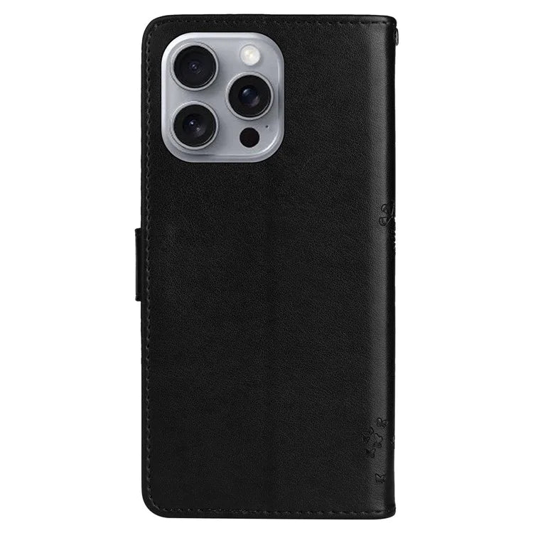 KT Imprinting Flower Series-3 For iPhone 16 Pro Max Case Protective PU Leather Phone Cover Cat Tree Pattern