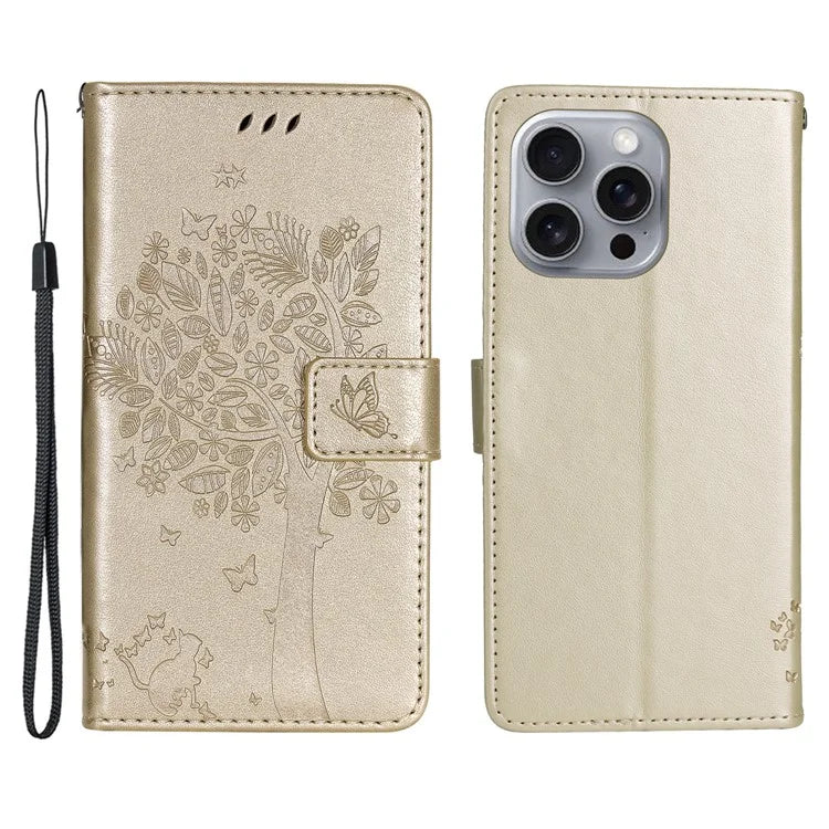 KT Imprinting Flower Series-3 For iPhone 16 Pro Max Case Protective PU Leather Phone Cover Cat Tree Pattern