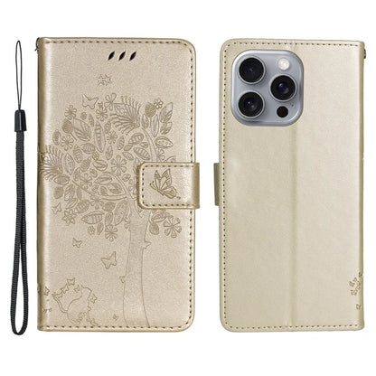 KT Imprinting Flower Series-3 For iPhone 16 Pro Max Case Protective PU Leather Phone Cover Cat Tree Pattern