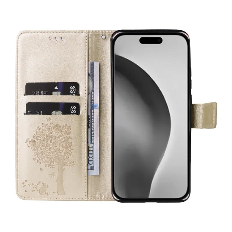 KT Imprinting Flower Series-3 For iPhone 16 Pro Max Case Protective PU Leather Phone Cover Cat Tree Pattern