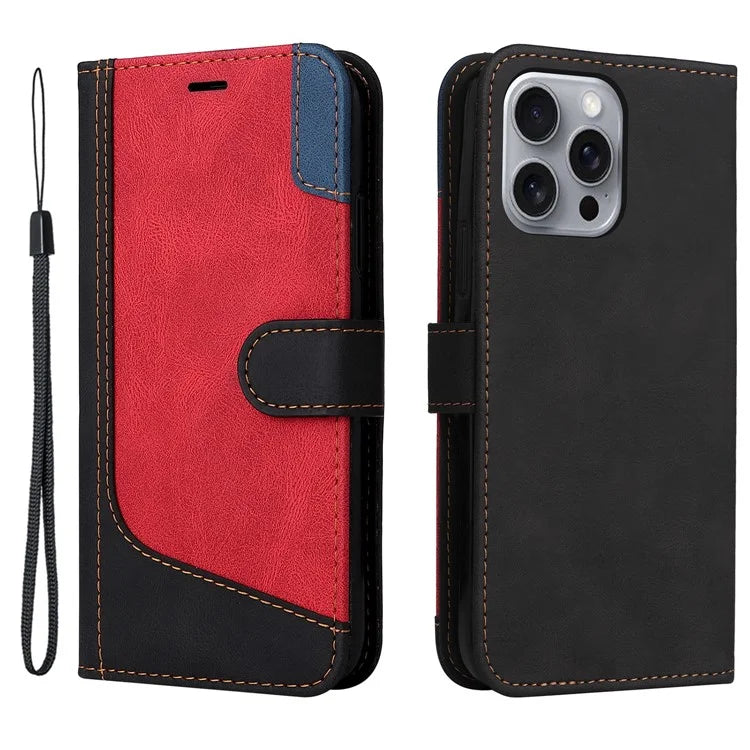 For iPhone 16 Pro Max Case with Hand Strap 3-color Splicing Leather Wallet Phone Cover