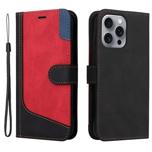 For iPhone 16 Pro Max Case with Hand Strap 3-color Splicing Leather Wallet Phone Cover