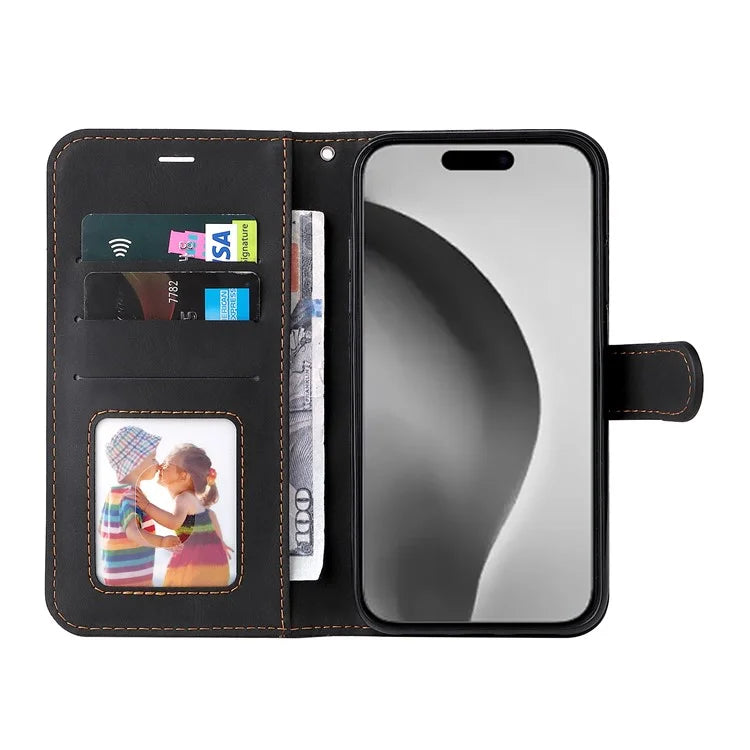 For iPhone 16 Pro Max Case with Hand Strap 3-color Splicing Leather Wallet Phone Cover
