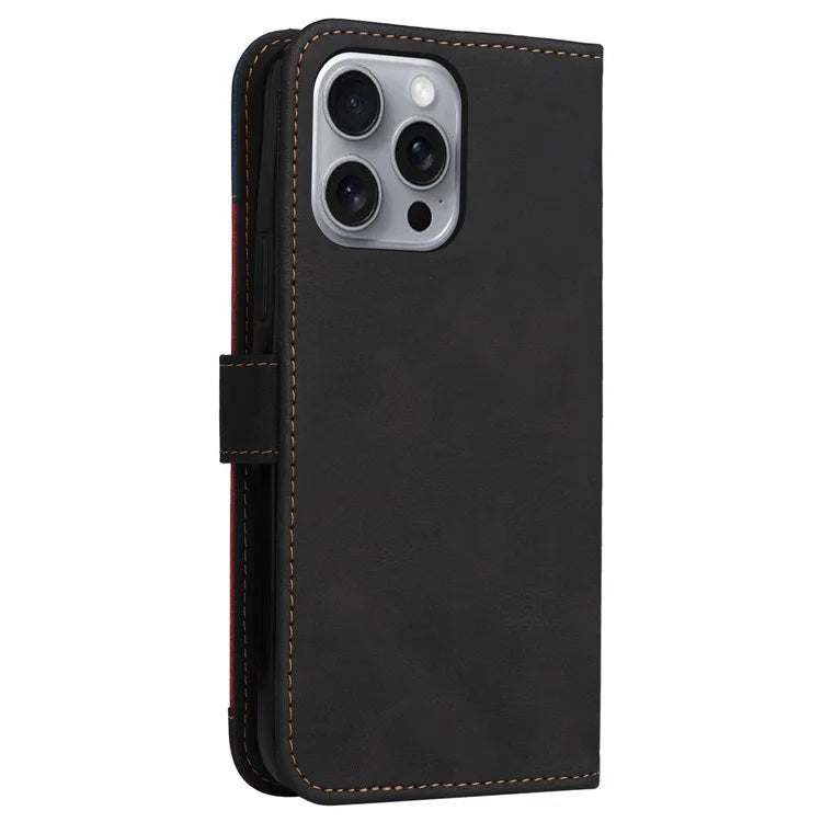 For iPhone 16 Pro Max Case with Hand Strap 3-color Splicing Leather Wallet Phone Cover