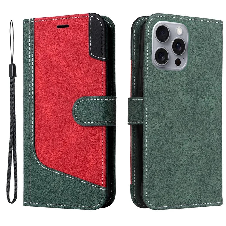 For iPhone 16 Pro Max Case with Hand Strap 3-color Splicing Leather Wallet Phone Cover