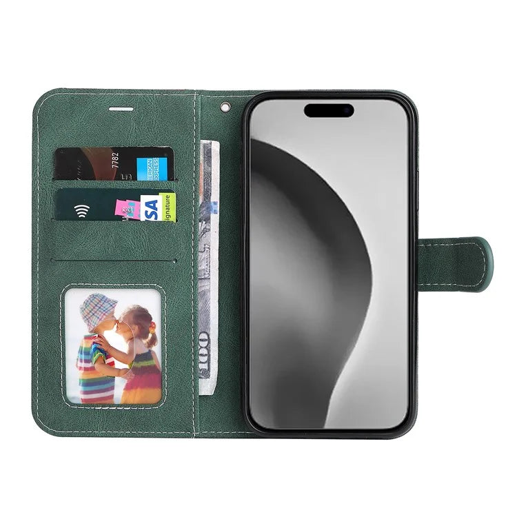 For iPhone 16 Pro Max Case with Hand Strap 3-color Splicing Leather Wallet Phone Cover