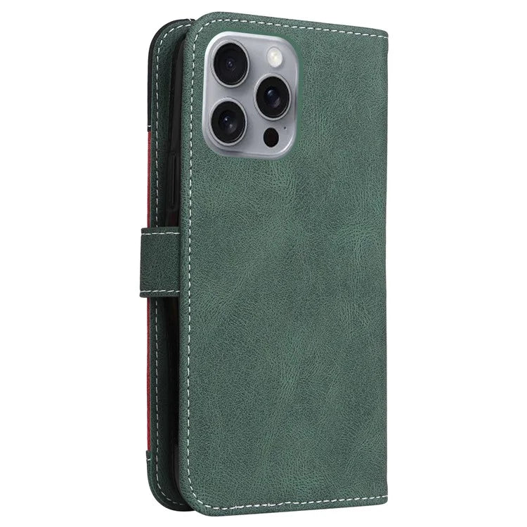 For iPhone 16 Pro Max Case with Hand Strap 3-color Splicing Leather Wallet Phone Cover