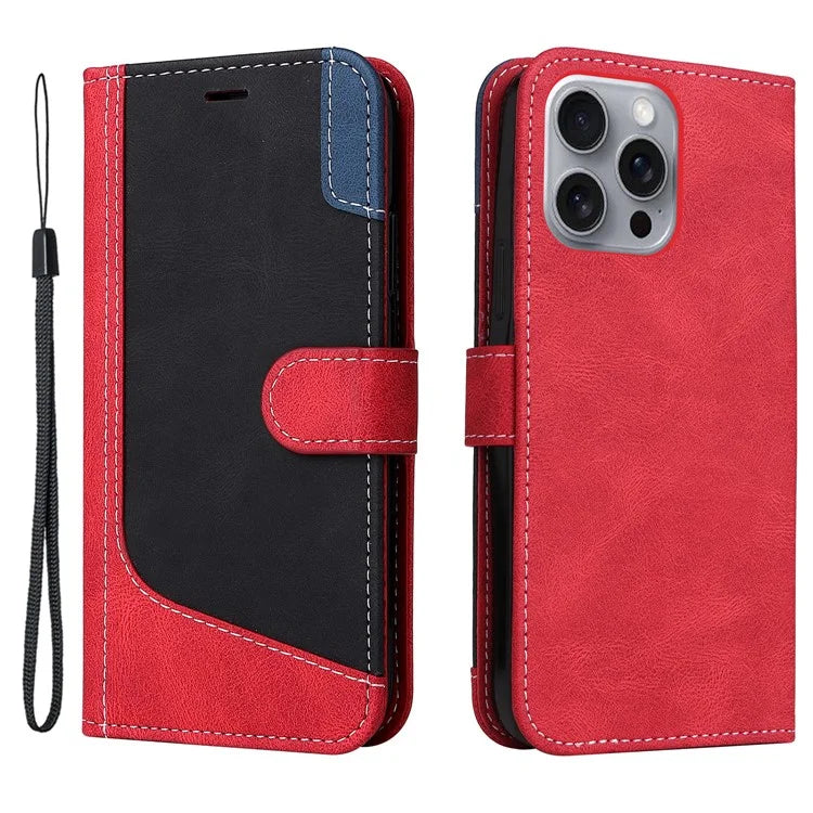 For iPhone 16 Pro Max Case with Hand Strap 3-color Splicing Leather Wallet Phone Cover