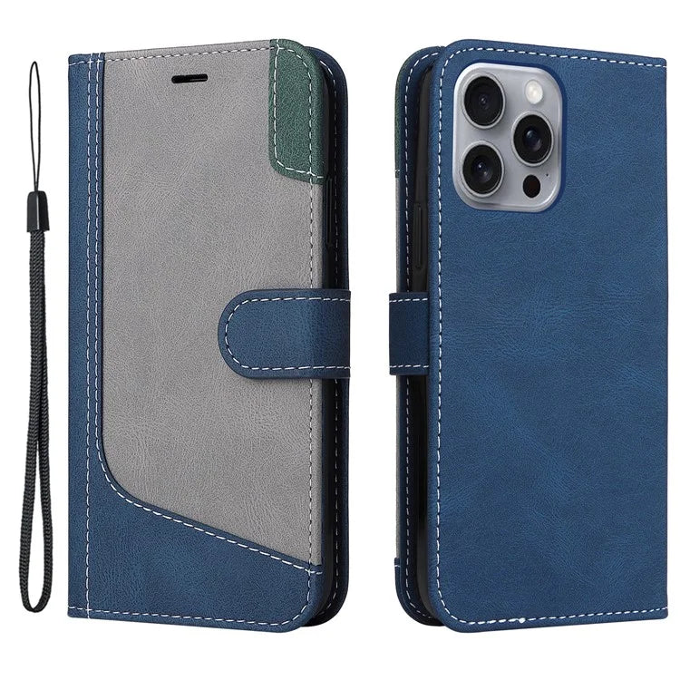 For iPhone 16 Pro Max Case with Hand Strap 3-color Splicing Leather Wallet Phone Cover