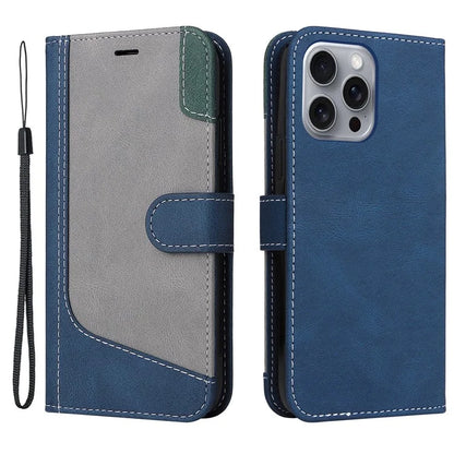 For iPhone 16 Pro Max Case with Hand Strap 3-color Splicing Leather Wallet Phone Cover