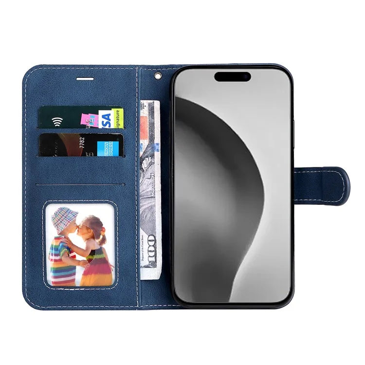 For iPhone 16 Pro Max Case with Hand Strap 3-color Splicing Leather Wallet Phone Cover