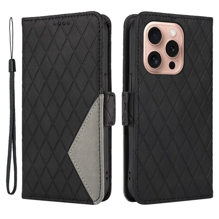 For iPhone 16 Pro Case Rhombus Grid PU Leather Wallet Mobile Phone Cover