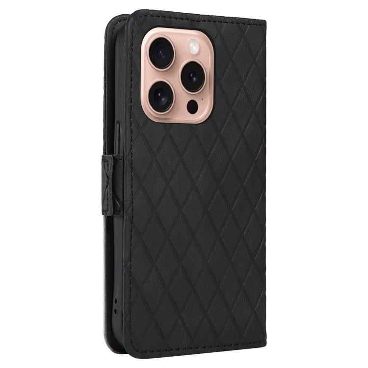 For iPhone 16 Pro Case Rhombus Grid PU Leather Wallet Mobile Phone Cover