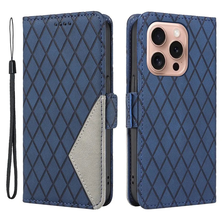 For iPhone 16 Pro Case Rhombus Grid PU Leather Wallet Mobile Phone Cover