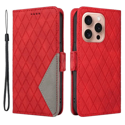 For iPhone 16 Pro Case Rhombus Grid PU Leather Wallet Mobile Phone Cover