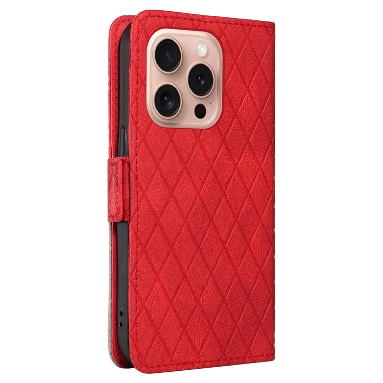 For iPhone 16 Pro Case Rhombus Grid PU Leather Wallet Mobile Phone Cover