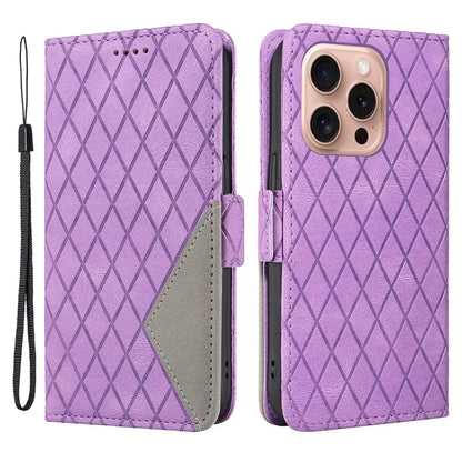 For iPhone 16 Pro Case Rhombus Grid PU Leather Wallet Mobile Phone Cover