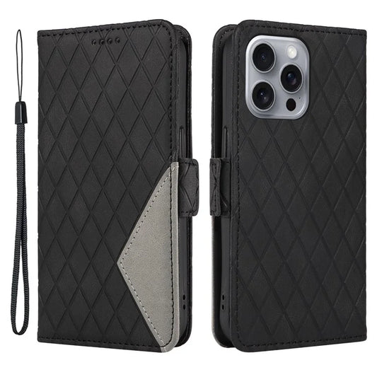 For iPhone 16 Pro Max Case PU Leather Wallet Phone Cover Rhombus Grid Imprinted