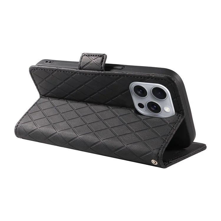 For iPhone 16 Pro Max Case PU Leather Wallet Phone Cover Rhombus Grid Imprinted