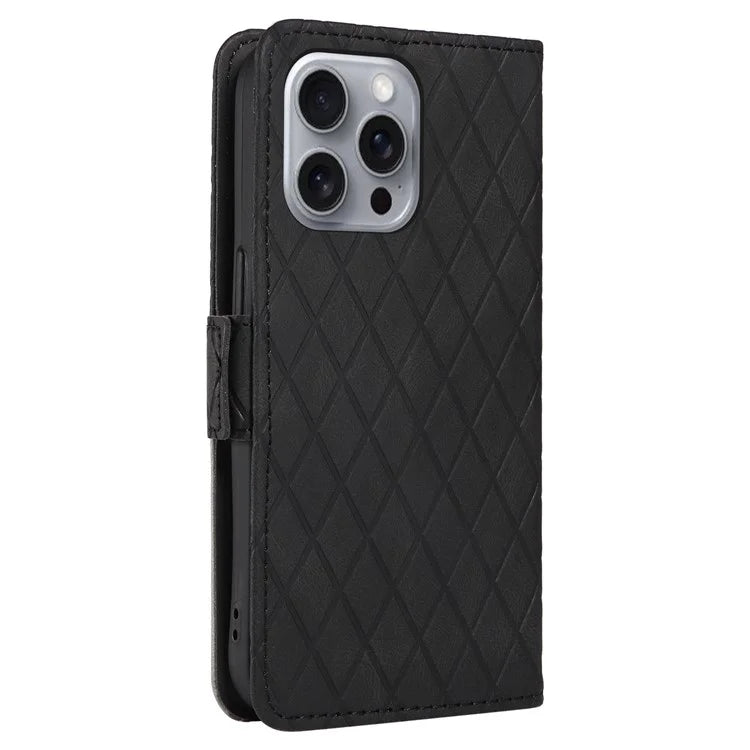 For iPhone 16 Pro Max Case PU Leather Wallet Phone Cover Rhombus Grid Imprinted