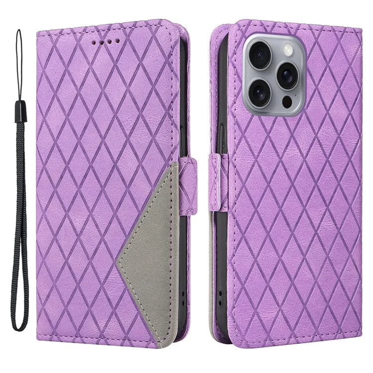 For iPhone 16 Pro Max Case PU Leather Wallet Phone Cover Rhombus Grid Imprinted