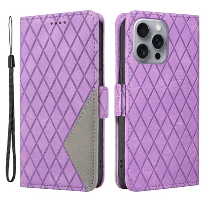 For iPhone 16 Pro Max Case PU Leather Wallet Phone Cover Rhombus Grid Imprinted