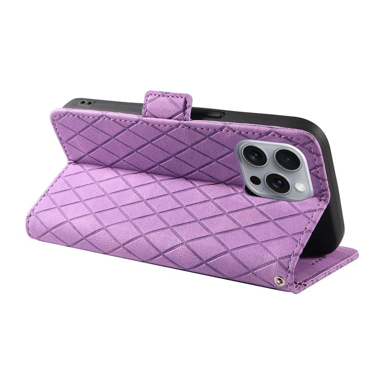 For iPhone 16 Pro Max Case PU Leather Wallet Phone Cover Rhombus Grid Imprinted