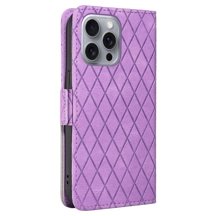 For iPhone 16 Pro Max Case PU Leather Wallet Phone Cover Rhombus Grid Imprinted