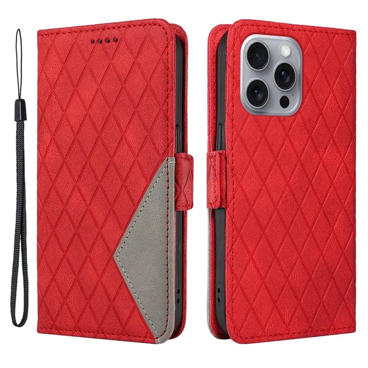 For iPhone 16 Pro Max Case PU Leather Wallet Phone Cover Rhombus Grid Imprinted