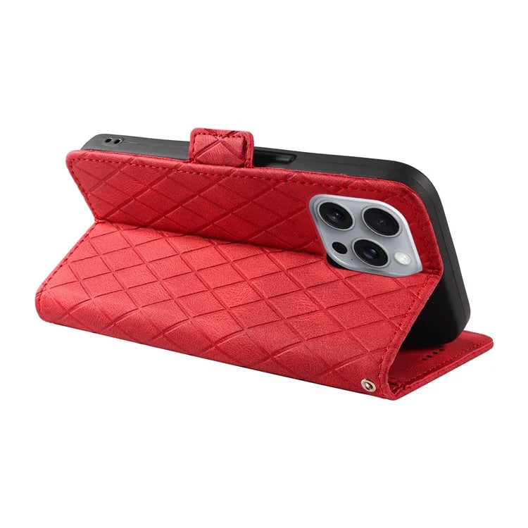 For iPhone 16 Pro Max Case PU Leather Wallet Phone Cover Rhombus Grid Imprinted