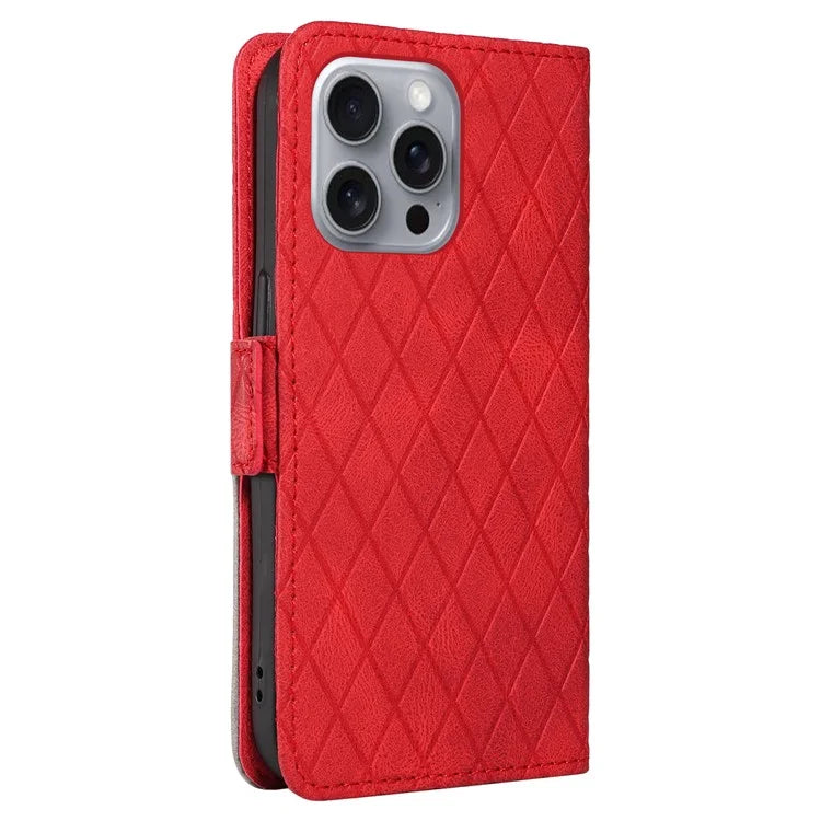 For iPhone 16 Pro Max Case PU Leather Wallet Phone Cover Rhombus Grid Imprinted