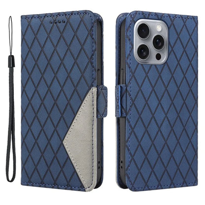 For iPhone 16 Pro Max Case PU Leather Wallet Phone Cover Rhombus Grid Imprinted