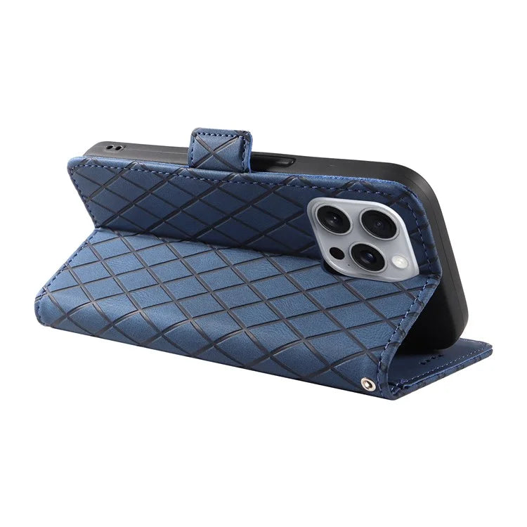For iPhone 16 Pro Max Case PU Leather Wallet Phone Cover Rhombus Grid Imprinted