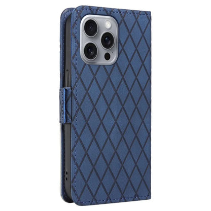 For iPhone 16 Pro Max Case PU Leather Wallet Phone Cover Rhombus Grid Imprinted