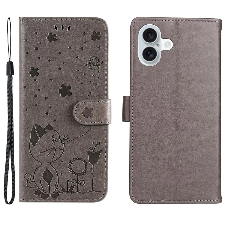 KT Imprinting Flower Series-4 For iPhone 16 Plus Case with Strap Cat Bee Pattern Leather Cover