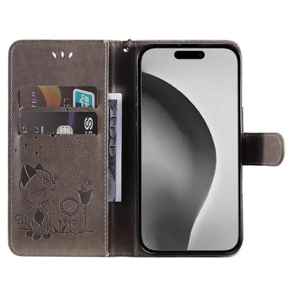 KT Imprinting Flower Series-4 For iPhone 16 Plus Case with Strap Cat Bee Pattern Leather Cover